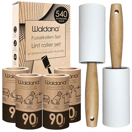 Waldana Fusselrolle - 6 Rollen je 90 Blatt (540 Blätter) mit 2 Bambusgriff Abrollern I Fusselrolle Tierhaare Kleidung Flusenroller Lint Roller Kleiderroller Tierhaar Katzenhaar Hundehaar von Waldana