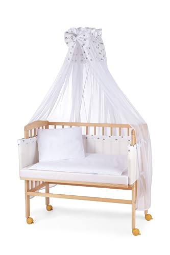 Waldin Baby Beistellbett mit Matratze und Stoffen, höhen-verstellbar, 16 Modelle wählbar, Buche Massiv-Holz Natur unbehandelt,Große Liegefläche 90x55cm,Sterne/blau von Waldin