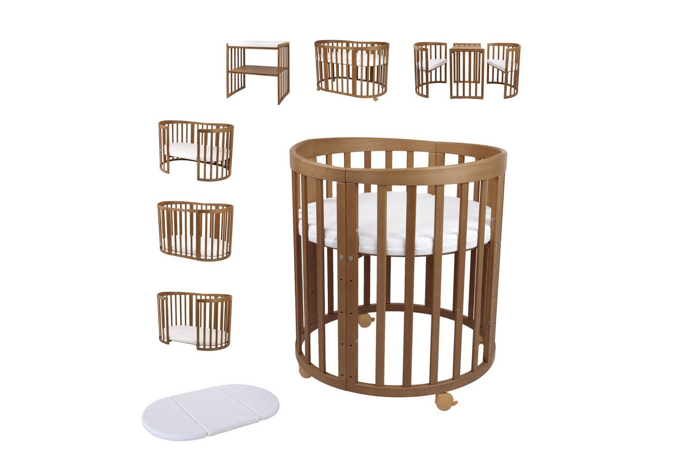Waldin Babybett Mobiles Babybett OWAL aus Holz 7in1 mit Matratze, mitwachsend von Waldin