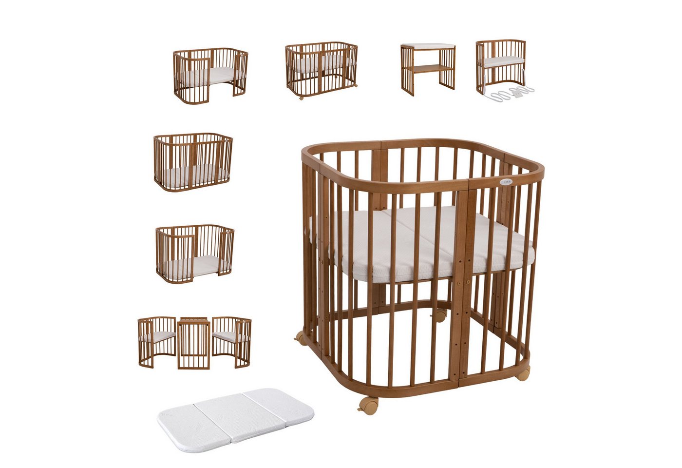 Waldin Babybett Mobiles Babybett aus Holz 7in1 mit Matratze, mitwachsend von Waldin