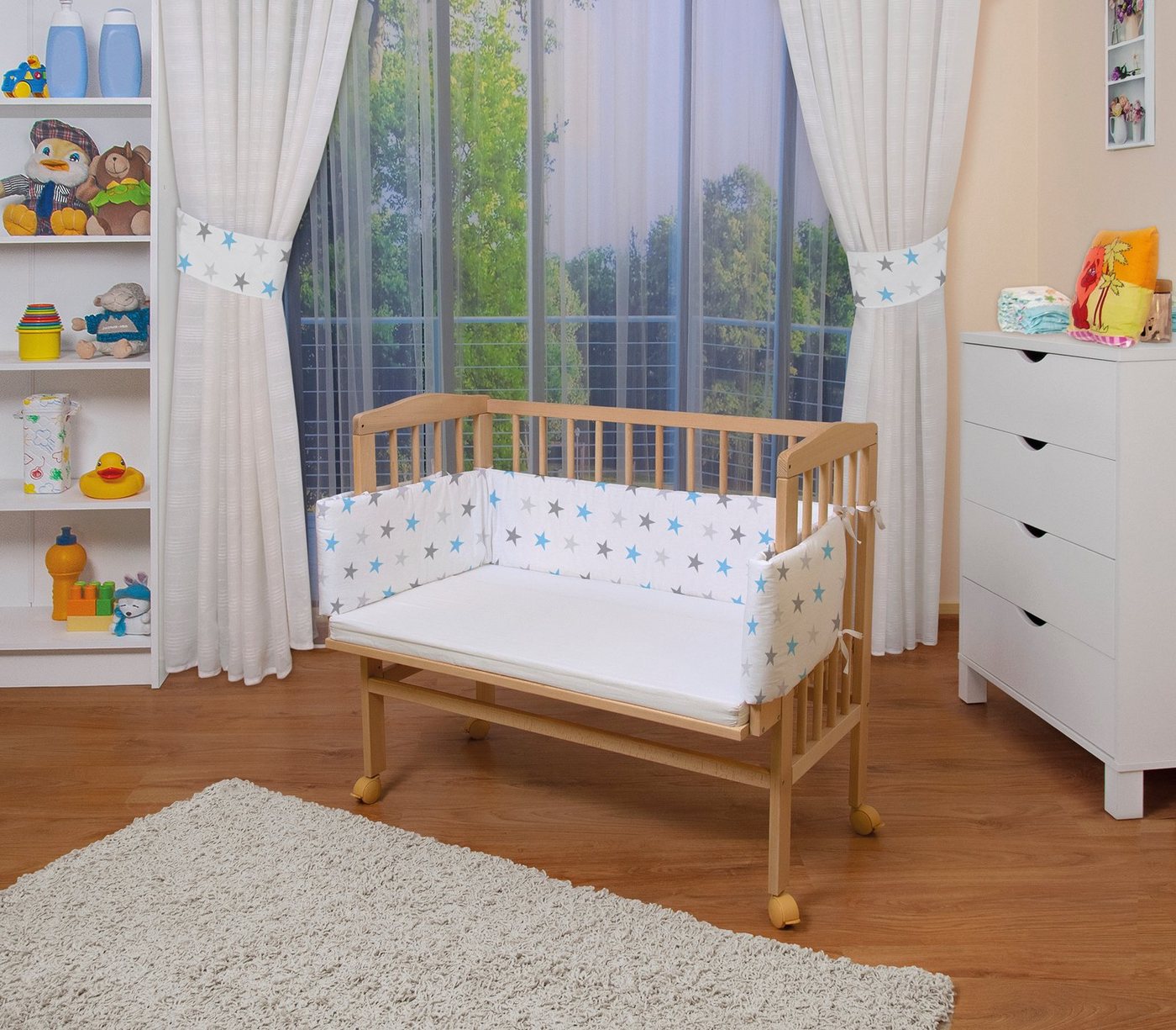 Waldin Beistellbett Baby Beistellbett, Matratze, Stoffset, Buche massiv, verstellbar von Waldin