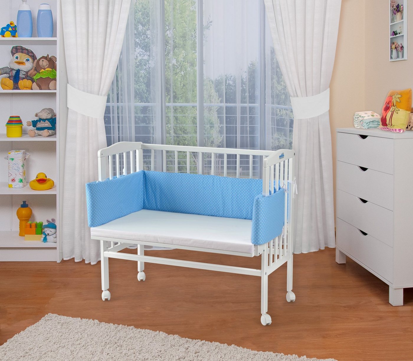 Waldin Beistellbett Baby Beistellbett, Matratze, Stoffset, Buche massiv, verstellbar von Waldin