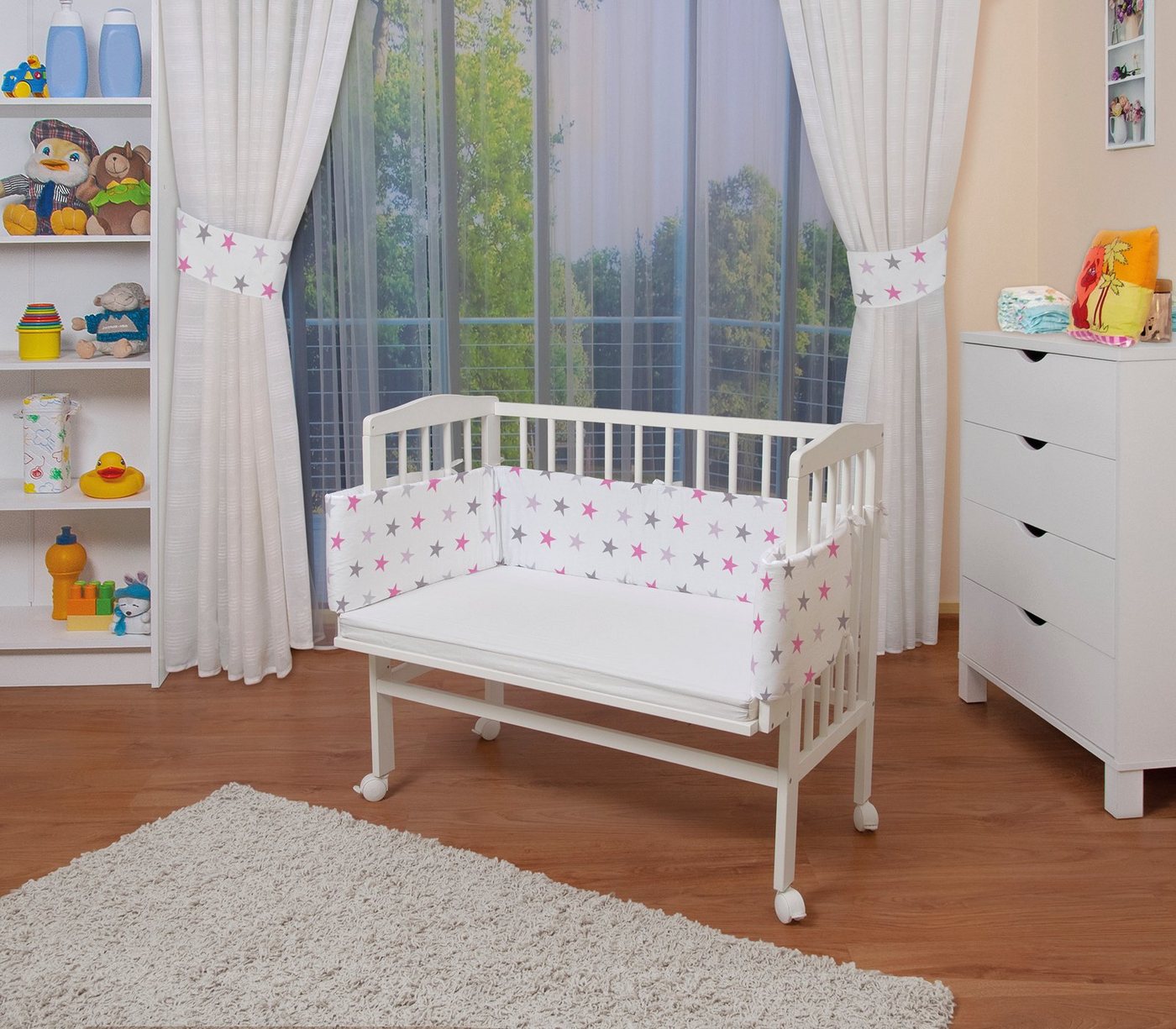 Waldin Beistellbett Baby Beistellbett, Matratze, Stoffset, Buche massiv, verstellbar von Waldin