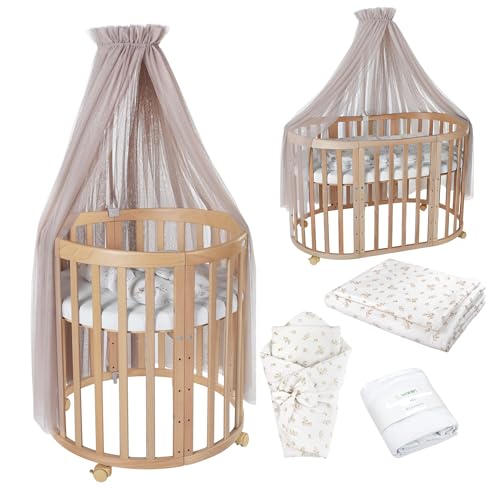 Waldin Oval Baby-Bett Mitwachsend Komplett Set 7in1, Gitterbett, Kinderbett mit Matratze, Wickelkommode, Beistellbett, Holz Natur, Stoffe Taupe Zweige Waldin Oval Baby-Bett Mitwachsend Komplett Set 7in1, Gitterbett, Kinderbett mit Matratze, Wickelkommode, Beistellbett, Holz Natur, Stoffe Taupe Zweige von Waldin