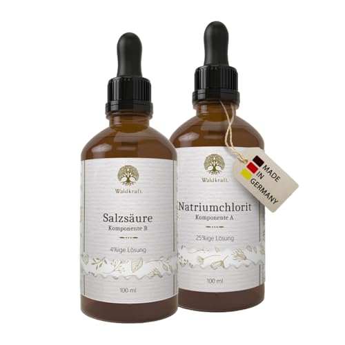 Waldkraft CDL-Set: Chlordioxid zur Selbstherstellung | 2 Komponenten: Natriumchlorit 25% + Salzsäure 4% | Trinkwasserdesinfektion | Einfache Anwendung | 2 x 100 ml Braunglas mit int. Pipetten von Waldkraft