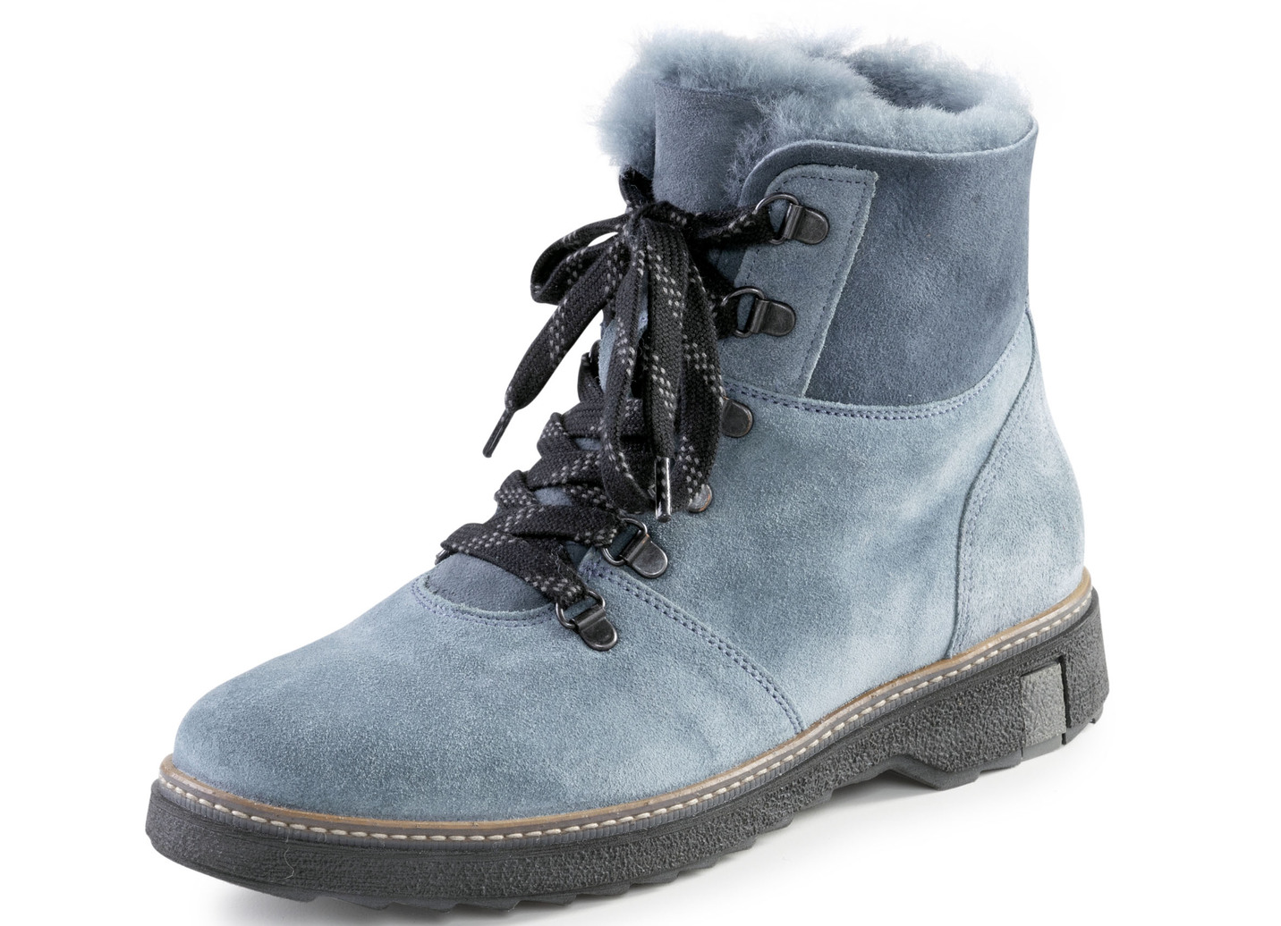 Waldläufer Schnür-Stiefelette mit kuscheligem Kragen aus Lammfell, Schuhgröße 4 1/2, Jeansblau von Waldläufer