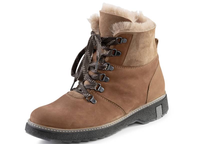 Waldläufer Schnür-Stiefelette mit kuscheligem Kragen aus Lammfell, Schuhgröße 6 1/2, Braun von Waldläufer