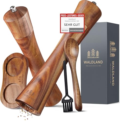 WALDLAND® Salz und Pfeffermühle aus Holz mit Untersetzer Gross (21 cm) | Gewürzmühlen mit hochleistungs - Keramikmahlwerk | Pfeffer und Salzmühle Set von Waldland