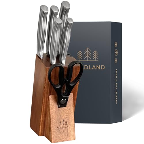 WALDLAND Premium Messerblock mit Messer – 7 teiliges Messerset I Messerblock mit Küchenmesser Set und integriertem Messerschärfer I robustes Akazienholz I Messer Set I Knife Set (Akazienholz) von Waldland