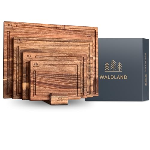 WALDLAND Premium Schneidebrett Holz 4er Set (40x30, 33x24, 27x18, 21x15) I inkl. Brettständer I Holzbrett Küche I Schneidebrett Set aus robustem Akazienholz von Waldland