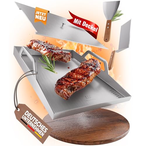 Waldmeister® BruzzPlate - Plancha Grillplatte 30x20cm [mit Griffen, praktischem Deckel, 2 Grillspachteln], Feuerplatte Edelstahl für Gasgrill & Holzkohlegrill - perfektes Grillzubehör von Waldmeister