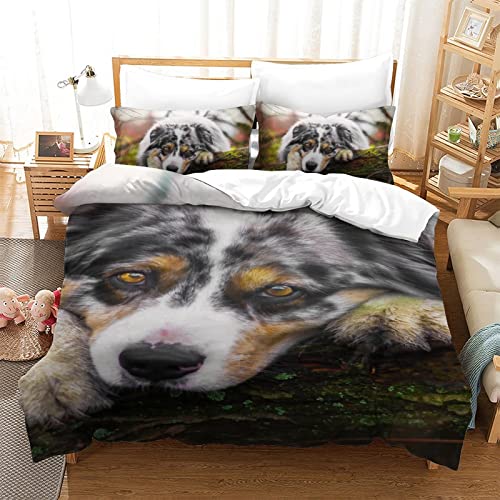 3D-Gedruckter Bettbezug, australischer Schäferhund, Bettbezug, Doppelbett, 3-teiliges Set, Erwachsene, Teenager, Kinder-Bettwäsche-Set, Einzelbett, 135 x 200 cm von WalfiaA