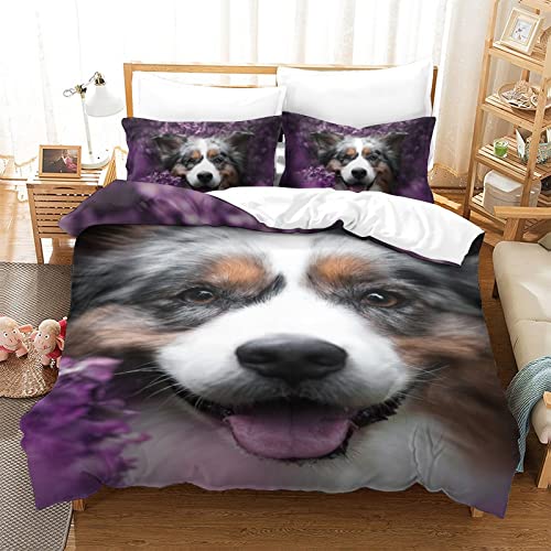 3D-gedruckte Bettwäsche, Bettbezug, australischer Schäferhund, Bettwäsche-Set, 3-teilig, Bedruckte Bettwäsche, Bettbezug mit Reißverschluss, Einzelbett, 135 x 200 cm von WalfiaA