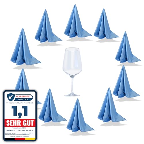 Walfinus Premium 10er-Set Blau Mikrofaser Gläserpoliertuch fusselfreies, streifenfreies, kratzerfreie Microfaser Glaspoliertuch für Spiegel und Hochglanzoberflächen ca 50-60cm Poliertücher von Walfinus