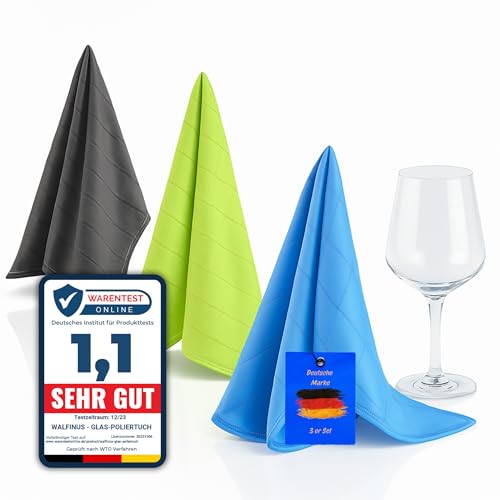 Walfinus Premium 3er-Set Mikrofaser Gläserpoliertuch fusselfreies, streifenfreies, kratzerfreie Microfaser Glaspoliertuch für Spiegel und Hochglanzoberflächen ca 50-60cm waschbar-95 Grad Poliertücher von Walfinus