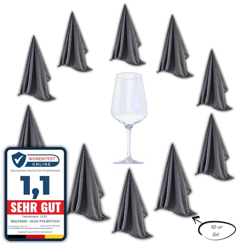 Walfinus Premium 10er-Set grau Mikrofaser Gläserpoliertuch fusselfreies, streifenfreies, kratzerfreie Microfaser Glaspoliertuch für Spiegel und Hochglanzoberflächen ca 50-60cm Poliertücher von Walfinus