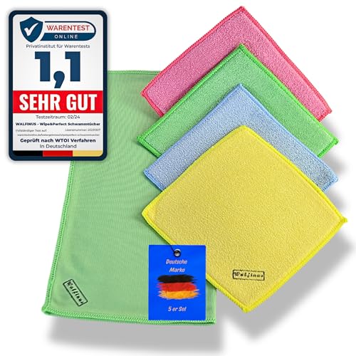 Walfinus Premium 5er Set Mikrofaser Schwammtücher mit extra Schaumstoffkern einsetzbar als Spüllappen, Spültücher, Wieder verwendbar, 18x19cm von Walfinus