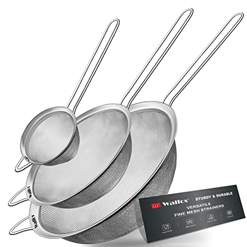 Feinmaschiges Sieb 3er-Set, Edelstahl-Drahtsieb für die Küche, Mehrzweck-Metall-Feinsieb mit Griff, perfekt für Lebensmittel, Reis, Quinoa, 3", 5", 7" von Walfos