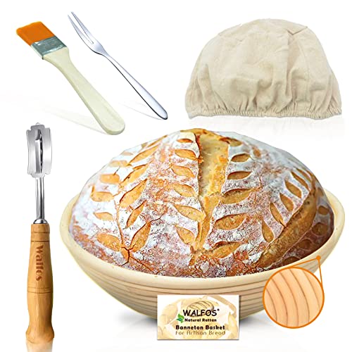 Gärkörbchen - Walfos® Rundes gärkorb zum brotbacken-Set, 100% natürlichem Rattan, inklusive Bäckermesser, Pinsel,Brot Gabel und Leinenbezug, ideal für Heim- und professionelle Backen-23cm von Walfos