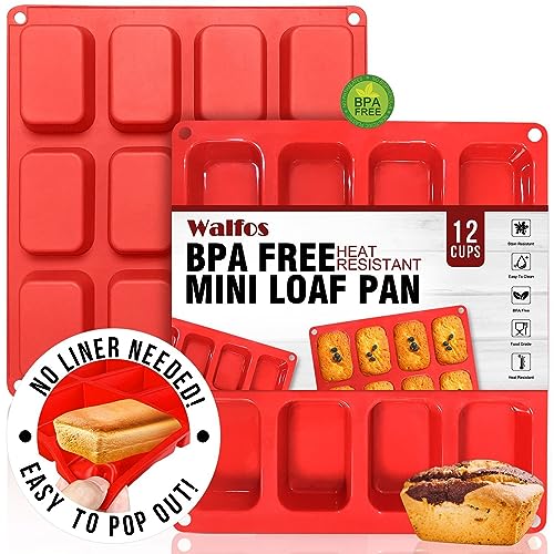 Walfos Silikon Mini Kastenform, 12-fach Mini-Brot-Pfanne Brownie-Pfanne, lebensmittelecht und antihaftbeschichtet, ideal für Mini-Brot, Brownie, Maisbrot, Käsekuchen und Schokolade, 2er-Set von Walfos