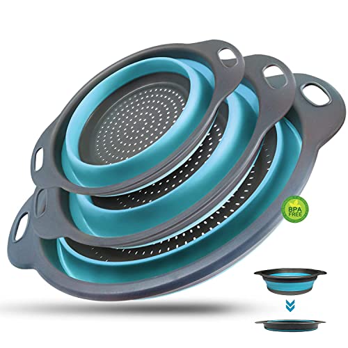 WALFOS® Faltbarer Seiher Sieb, Küche Silikon Klappbar Abtropfsieb Nudelsieb Set, Küchensieb Abwaschschüssel von Nudeln, Obst, Gemüse,Blau 3 Größe (24.6+29.2+34cm) von Walfos