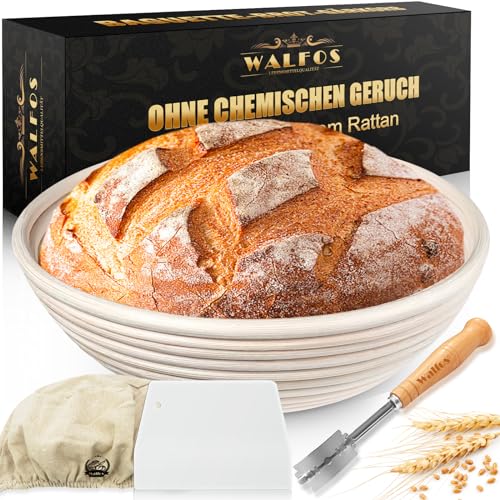 Walfos® Gärkörbchen Rund, Gärkorb zum Brotbacken-Set 23cm Aus Natürlichem Rattan, Profi gärkorb - mit Teigschaber + Bäckermesser für Hausbäcker Brot Backen. von Walfos