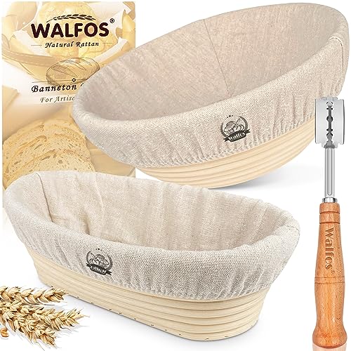 Walfos® Gärkorb zum Brotbacken 2er- Set, Gärkörbchen-Set (Runde 23cm+Oval 25cm), 100% Natürlichem Rattan, Inklusive Bäckermesser, Ideal für Heim- und professionelle Backen. von Walfos