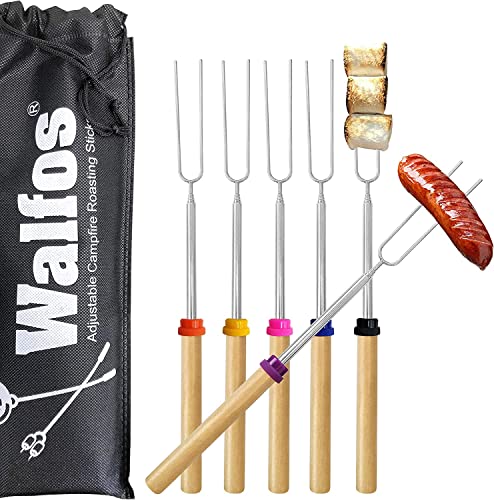 Walfos® Teleskop Grillspieße Edelstahl Marshmallow (6-teiliges Set), Stockbrot Stöcke Roasting Sticks Schaschlikspieße, Lagerfeuerspieße, Grillstab, Grillbesteck Set für Camping Grill von Walfos