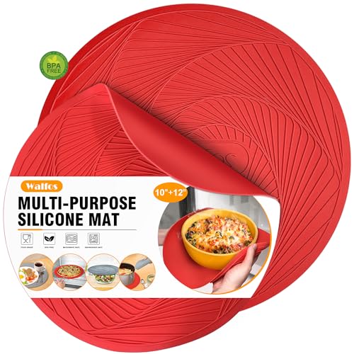 Walfos 12 10 Zoll Silikon Mikrowellen Matten, Mikrowelle Spritzer Abdeckung für Lebensmittel, Silikon Untersetzer, Topflappen für Küche, heiße Pfanne, Topf (Rot) von Walfos