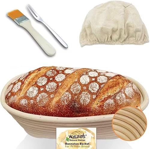 Walfos® Gärkorb Oval Banneton Gärkörbe zum Brotbacken Set, inklusive 100% natürlichem Rattan, Pinsel,Brot Gabel und Leinenbezug, ideal für Heim- und professionelle Bäcker-25cm von Walfos