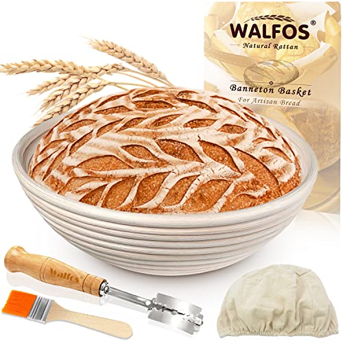 Walfos Gärkorb Set, Rundes Gärkorb zum brotbacken 23 CM, aus natürlichem Rattan, Inklusive Brotmesser, Reinigungsbürste und Leinenbezug, Ideal zum Brotbacken von Walfos