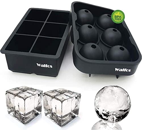 Walfos® Silikon-Eiswürfelbehälter-Set, Kugel-Eisball und großer quadratischer Eiswürfelbehälter, leicht herauszuspringen, perfekt für Whisky, Cocktails, Babynahrung, wiederverwendbar & BPA-frei von Walfos