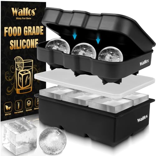 Walfos® Silikon-Eiswürfelform-Set, große quadratische Eiswürfelform und Kugel-Eiskugel, leicht herauszuholen, perfekt für Whiskey, Cocktails, Babynahrung, wiederverwendbar & BPA-frei von Walfos