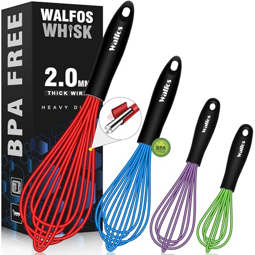 Walfos Silikon-Schneebesen, hitzebeständig, Küchenbesen zum Kochen, 4er-Set, antihaftbeschichtet, gummiert, für antihaftbeschichtetes Kochgeschirr, Ballon-Eier-Schneebesen, Mischen, Schlagen Walfos Silikon-Schneebesen, hitzebeständig, Küchenbesen zum Kochen, 4er-Set, antihaftbeschichtet, gummiert, für antihaftbeschichtetes Kochgeschirr, Ballon-Eier-Schneebesen, Mischen, Schlagen von Walfos