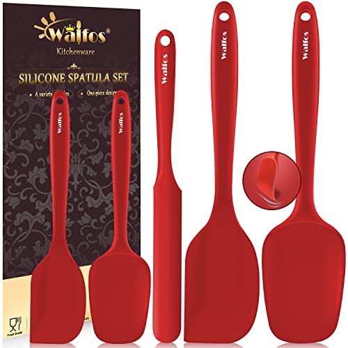 Walfos Silikon-Spatel, hitzebeständig, starker Stahlkern und einteiliges nahtloses Design, ideal zum Kochen, Mischen und Backen, BPA-frei und spülmaschinenfest, Rot, 5 Stück von Walfos