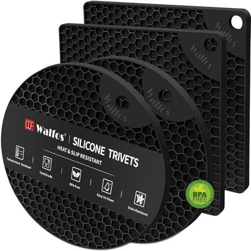 Walfos Untersetzer aus Silikon – 4 hitzebeständige Topflappen, Mehrzweck-rutschfeste Heißpads für Küchentopflappen, heiße Tischer, Löffelhalter, lebensmittelechtes Silikon & BPA-frei (schwarz) von Walfos