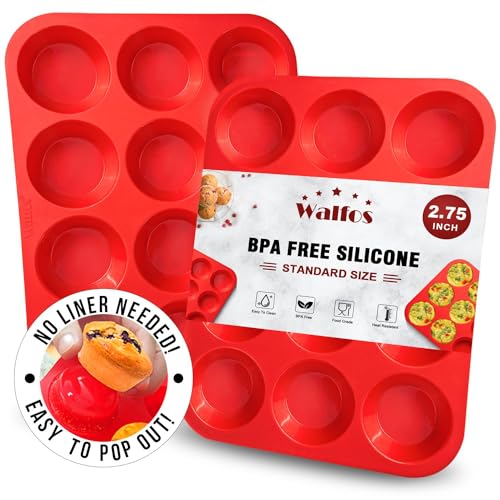 Walfos silikon Muffinform,12 Tassen reguläre Silikon-Muffinform, antihaftbeschichtet und BPA-frei, ideal für die Herstellung von Muffin-Kuchen, Torten, Fettbomben - spülmaschinenfest, 2-teilig von Walfos