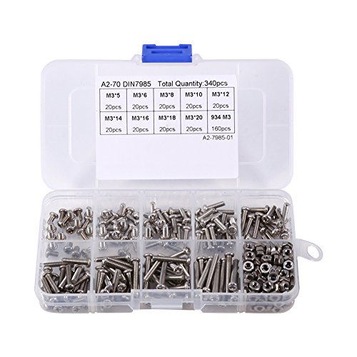 340pcs M3 Phillips Schwenkkopf Schrauben Muttern Edelstahl Sortiment Kit Set, Vollgewinde, Plain Finish von Walfront