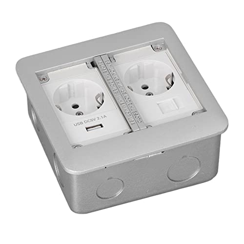 Bodeneinbau-Steckdose Multifunktionale Wasserdichte Steckdose mit 2 Steckdosen und 1 USB-Ladeanschluss und Netzwerkschnittstelle für Office Home Library EU-Stecker 250 V(Dunkelgrau) von Walfront