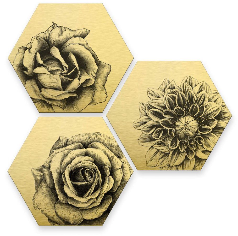 Wall-Art Mehrteilige Bilder Florales Blumen Set Goldeffekt, Schriftzug (Set, 3 St), Metallschild Collage von Wall-Art