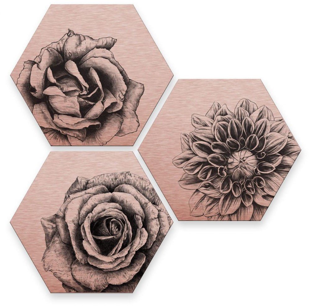 Wall-Art Mehrteilige Bilder Florales Blumen Set Kupfer, (Set, 3 St), Metallschild Collage von Wall-Art