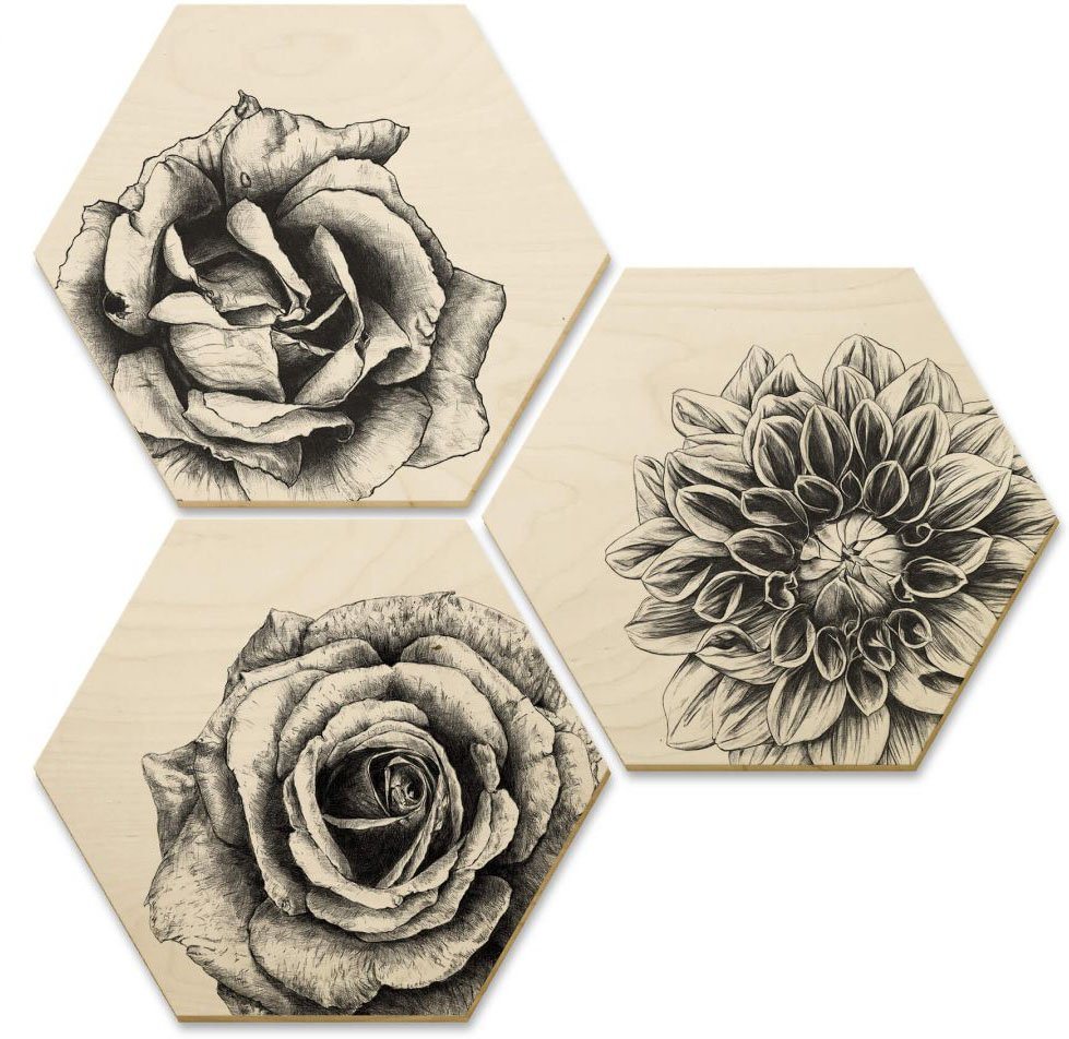 Wall-Art Mehrteilige Bilder Hexagon Holzbilder Blumen Set, (Set, 3 St), Holzposter modern von Wall-Art