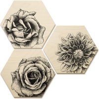 Wall-Art Mehrteilige Bilder "Hexagon Holzbilder Blumen Set", (Set, 3 St.) von Wall-Art