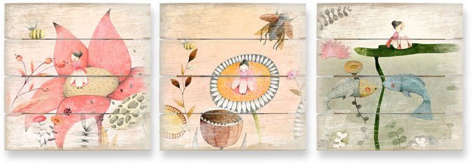 Wall-Art Mehrteilige Bilder Kinder Märchen Däumelinchen Set, (Set, 3 St), Holzschild Collage von Wall-Art