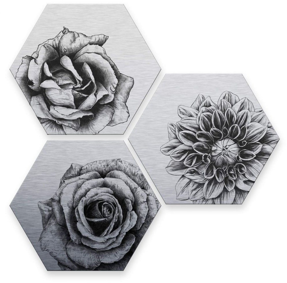 Wall-Art Mehrteilige Bilder Silbereffekt Blumen Set, (Set, 3 St), Metallschild Collage von Wall-Art