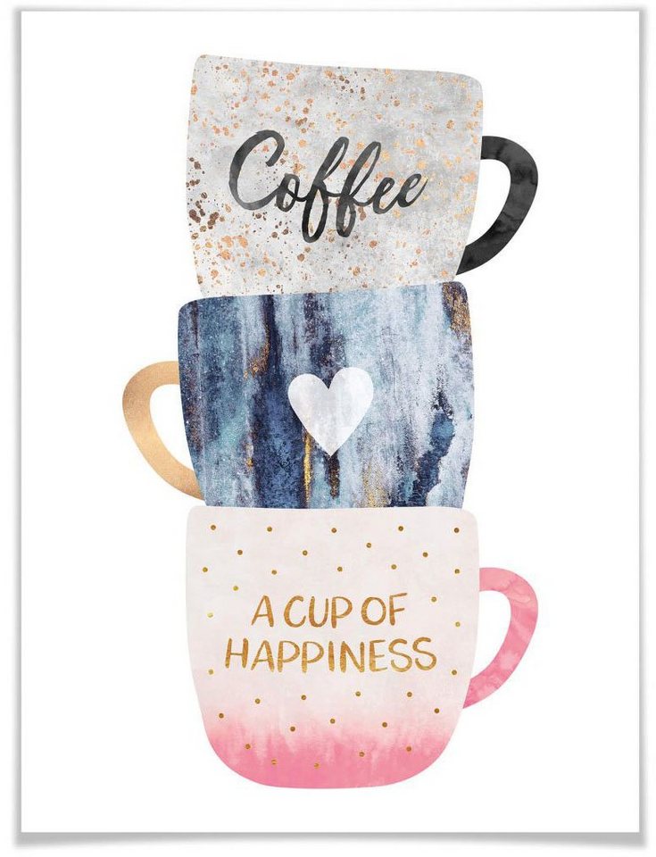 Wall-Art Poster Kunstdruck Küche A cup of happiness, Schriftzug (1 St), Poster ohne Bilderrahmen von Wall-Art