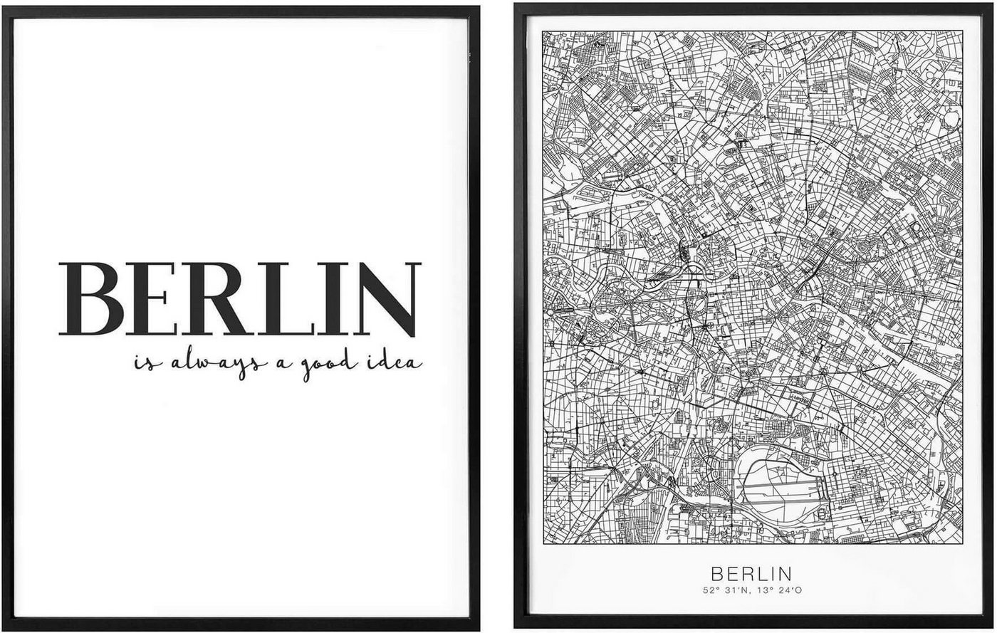 Wall-Art Poster Berlin Stadtkarte Schriftzug Set, Blumen (Set, 2 St), Collage mit Bilderrahmen von Wall-Art
