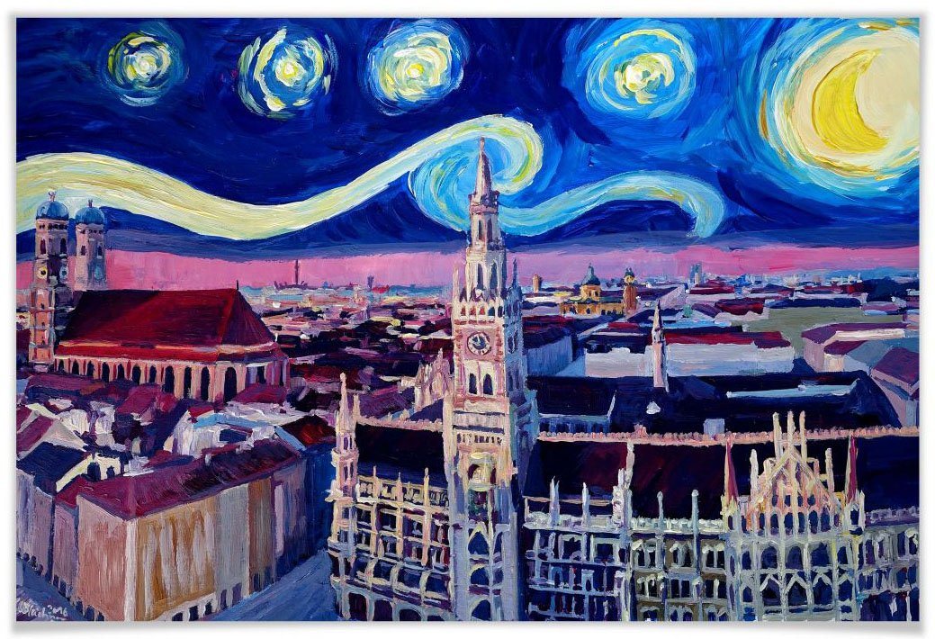 Wall-Art Poster van Gogh Stil München bei Nacht, Stadt (1 St), Poster ohne Bilderrahmen von Wall-Art