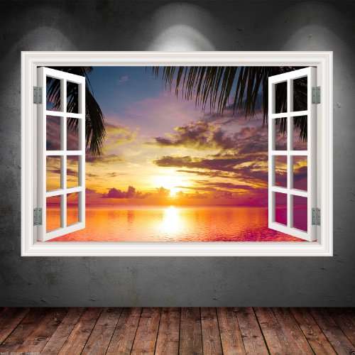 Wall Smart Designs Fenster Farbige Paradies Meer Sonnenuntergang Aufkleber Grafik WSD548 - Groß 100cm (W) X 70cm (H) von Wall Smart Designs