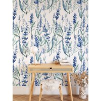 Blaue Große Aquarell Blumen Wallpaper, Florale Wandkunst, Pastellfarben Abnehmbare Tapete, Ländliche Gartenblumen #830 von Wall2Stick